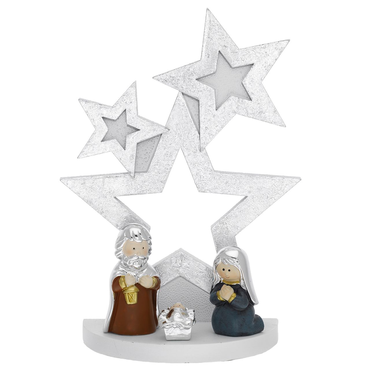 ALBERO 3 STELLE STILIZZATO BIANCO/ARGENTO H. 22 CON PRESEPE SMAL